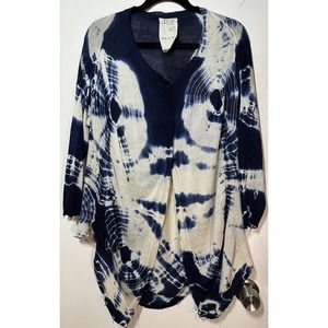 Prive 45 Made Italy Women White blue Tie Dye 100% Silk Distressed Cardigan Small